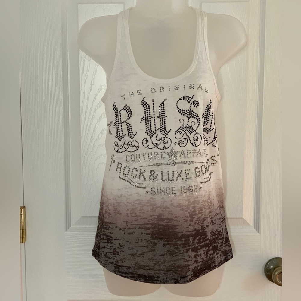 Rush Couture Apparel Burnout Bejeweled Racer Back Tank Black/White/Grey Ombre M